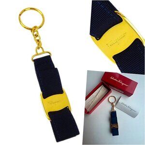Salvatore Ferragamo BOW Key Chain Navy Gold Logo NWOT